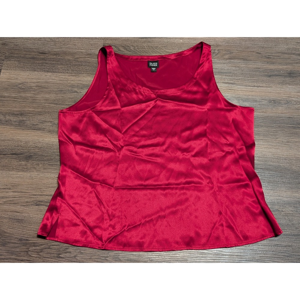 Eileen Fisher Red 100% Silk Satin Scoop Neck Sleeveless Tank Top Blouse Large
